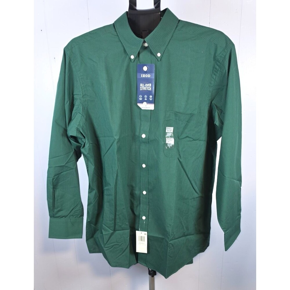 Izod Green Plaid Regular Fit Stretch 16-16.5 Large L New Wrinkle Free Soft Touch